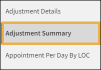 Reporting menu with yellow highlight box around the Adjustment Summary report.